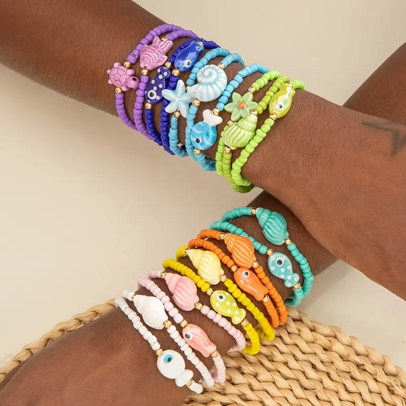 Women's 20pcs Colorful Bracelet Set - Stackable Beach Charm Arm Candy with Round Beads and Ocean Charms for Vacation & Casual Wear, Daily Wear, Colorful Beads, Arm Candy Accessories, Bracelet Stacking