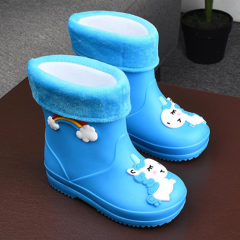 Children's Rain Boots Girls' Elastic Cuff Fleece-Lined Boys' Non-Slip Water Shoes Four Seasons Cartoon Cute Princess Rain Boots Kids' Rain Shoes