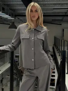 Women Lapel Collar Single Breasted Shacket, Long Sleeve Chest Flap Pockets, Solid Color Relaxed Fit, Casual Office Commute Outerwear