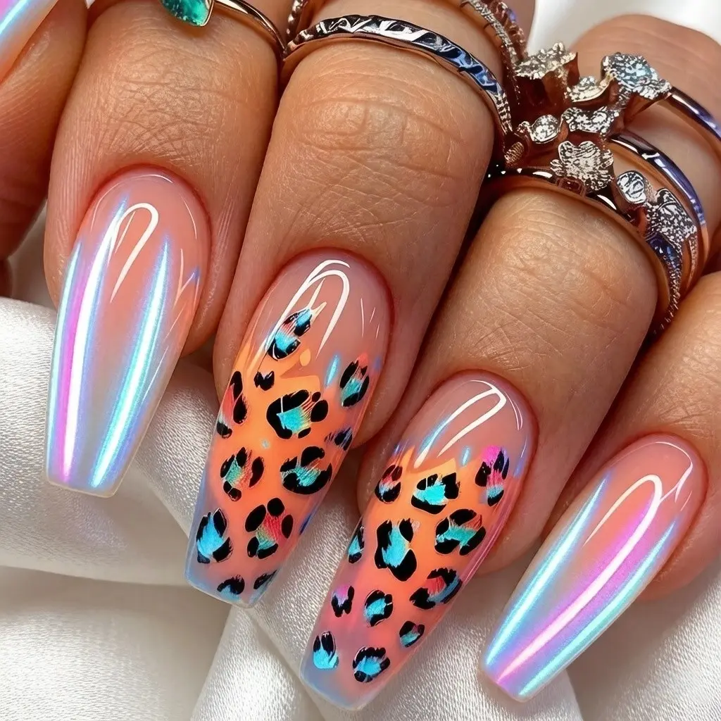 24pcs Neon Gradient Leopard Print Coffin Press On Nails Long Ballerina Removable False Nails Set | French Ombre Glitter Decorative Fake Nails for Women | Reusable DIY Nail Art Kit | Party Daily Wear Gift Manicure Set Long Lasting Mirror Shine Holiday Gift