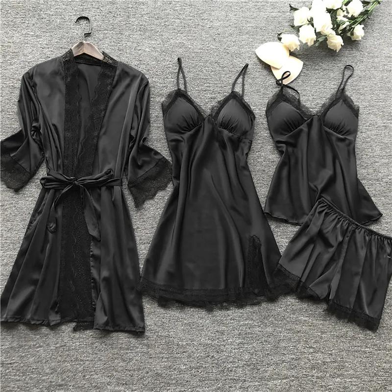Lace Silk Pajamas Set Nightdress Sexy Lingerie Robe Women Sleepwear 4 Pieces Suits Sleeping Top And Shorts Femme Pijama Mujer Pj Loungewear Womenswear Homewear Solid233
