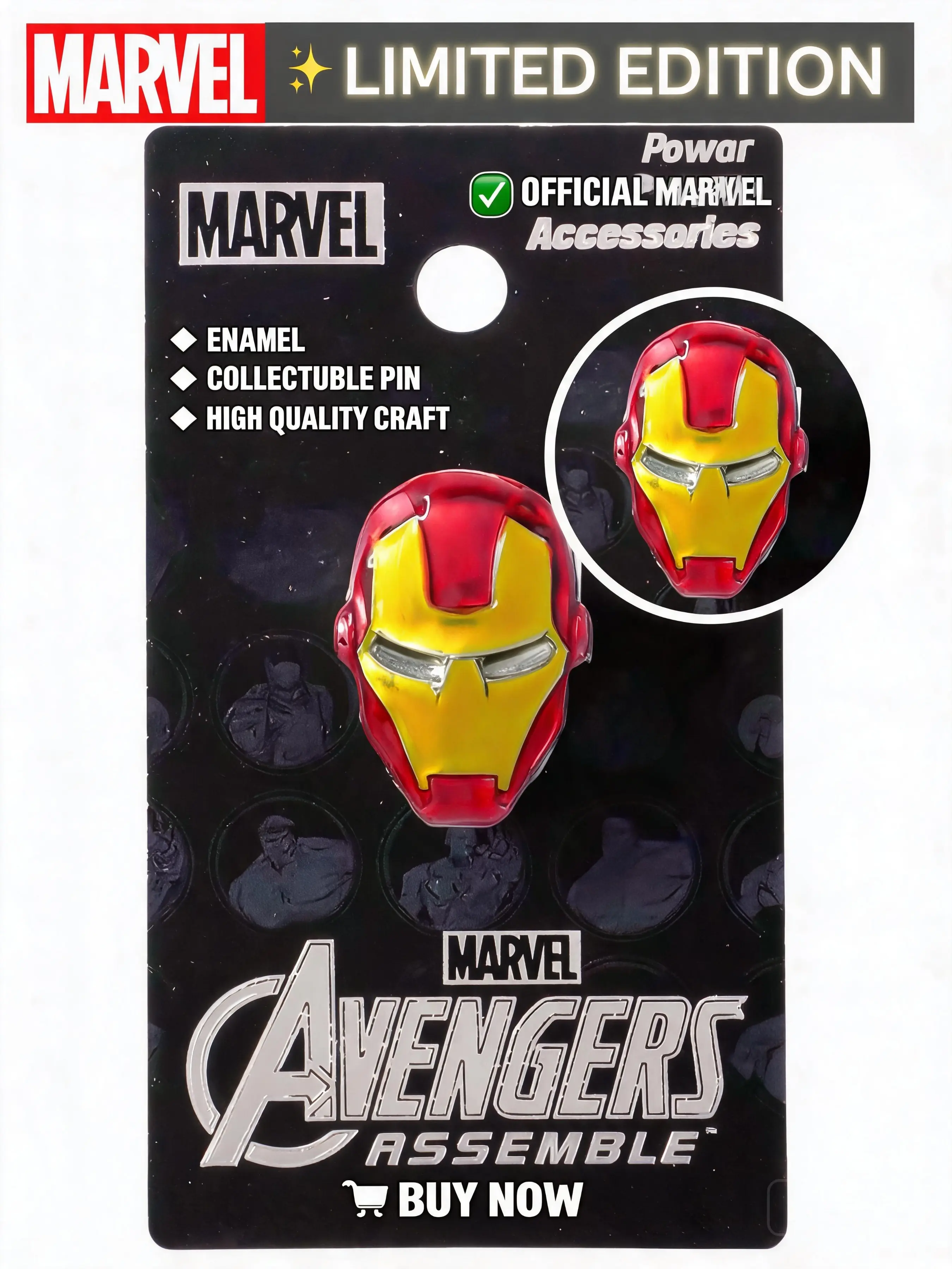Marvel Official Iron Man Helmet Tin Brooch Avengers Movie Merchandise Cartoon Pattern Sporty Style Collectible Badge for Fans All Seasons