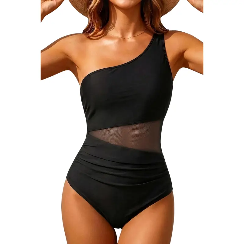 Yonique Women One Piece One Shoulder Swimsuit Tummy Control Bathing Suit Mesh Swimwear