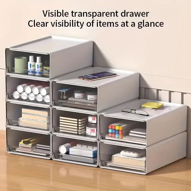Stackable Desktop Storage Box, File Organizer, Small Drawer, Semi-Transparent Plastic, Home Office Craft Supplies, Pencil Holder