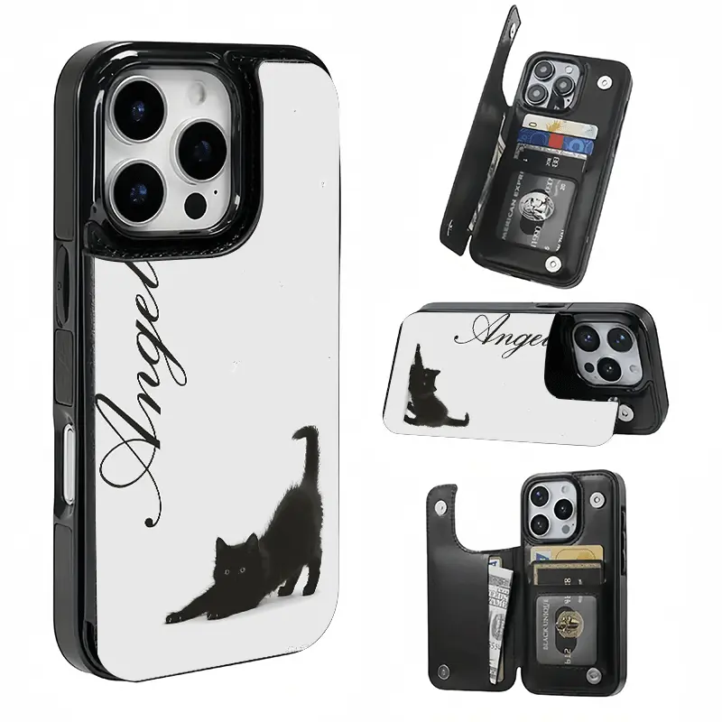 Minimalist Black and White Cat Angel Lettering Phone Case for iPhone 17/16/15/14/13/12 - Slot Design for Bank/Transit Items, Ideal Gift for Girls