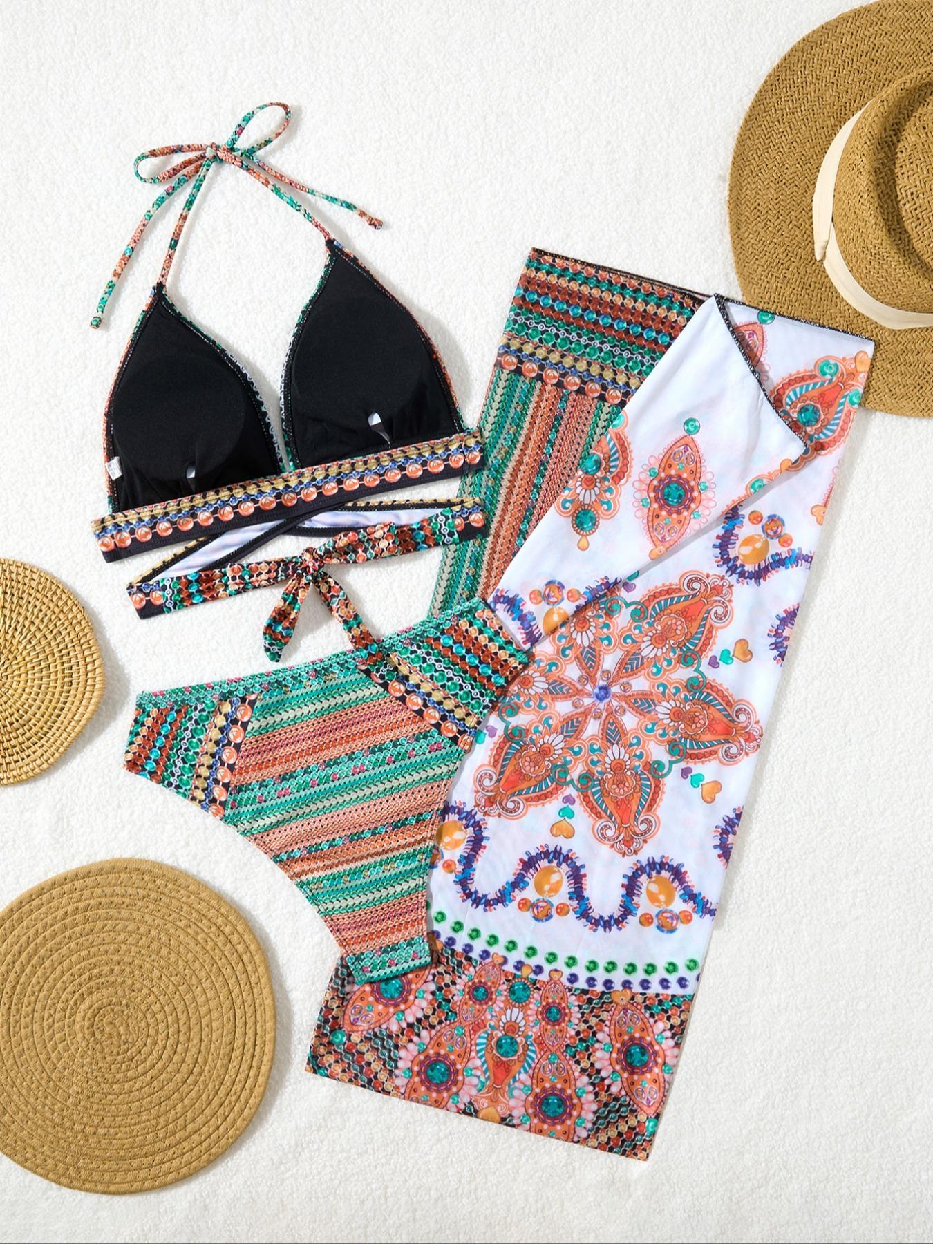 Women's Ethnic Pattern Bikini Set, Halter Neck Triangle Swim Bra & Tie Side Swim Panty & Pareo Cover Up Set, Ladies Swimsuit for Beach Holiday Vacation, Tropical Print Swimsuit, Beachswimsuits, Color Block Swimsuit, Bikinis Set, Colorblock Print Bikini