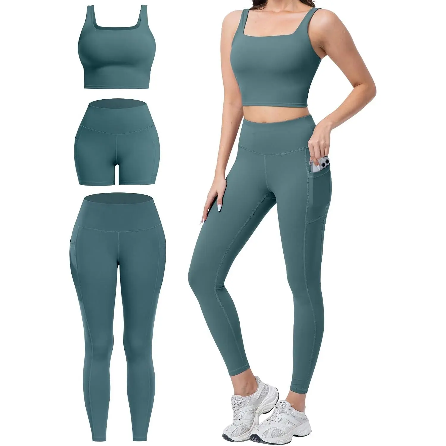 3 Piece Workout Sets for Women High Waisted Leggings with Pockets Tummy Control Biker Shorts Yoga Sports Bra