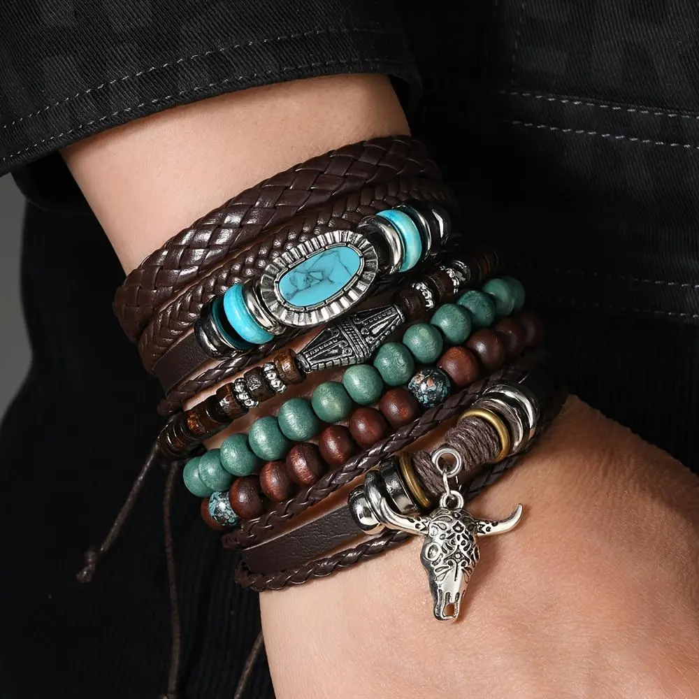 A Popular Set of 6 Handmade Couple Bracelets Featuring Bull Head Beads And Turquoise, Suitable for Both Men And Women