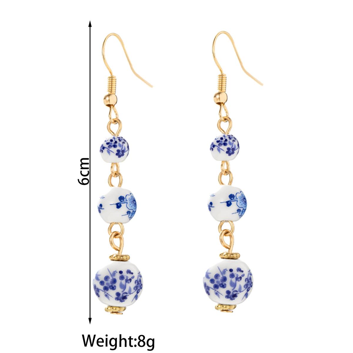 Blue White Porcelain Bead Earrings Round Chinese Style Retro for Women Han Fu Long Earring Pendant Niche Fashion Trend Accessory