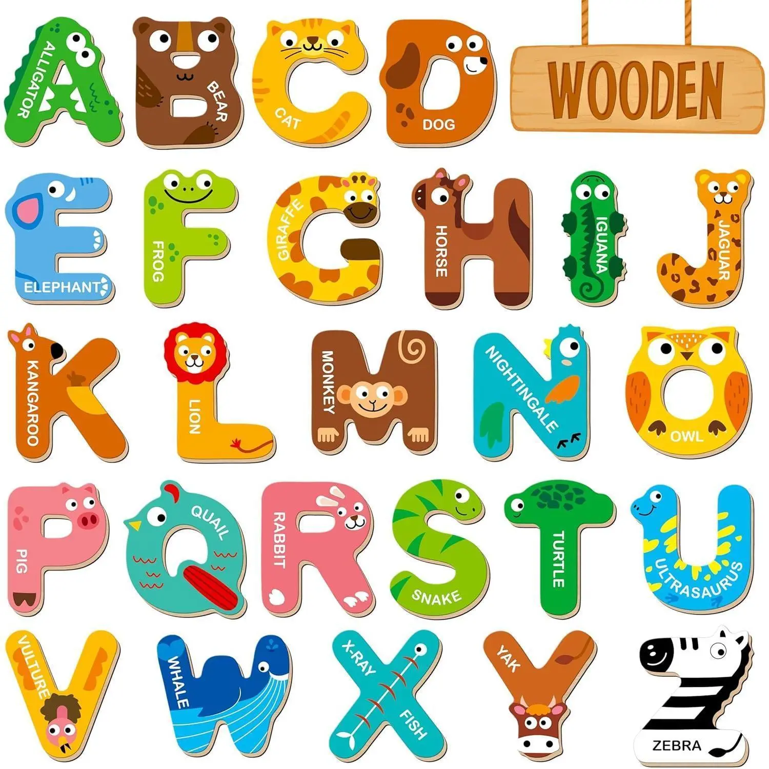 26 Unisex Magnetic Wooden Alphabet Letters Set - Cute Animal Uppercase Fridge Magnets, Manual No-Battery-Needed Educational Spelling Toys for 3-4 Years Old Kids