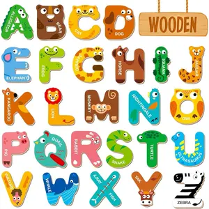 26 Magnetic Wooden Letters, Cute Animal Alphabet ABC Wood Magnets for Fridge Colorful Uppercase Animals Toys Set Educational Spelling Learning Games for Kids, Toddlers 3 4 5 Years Old
