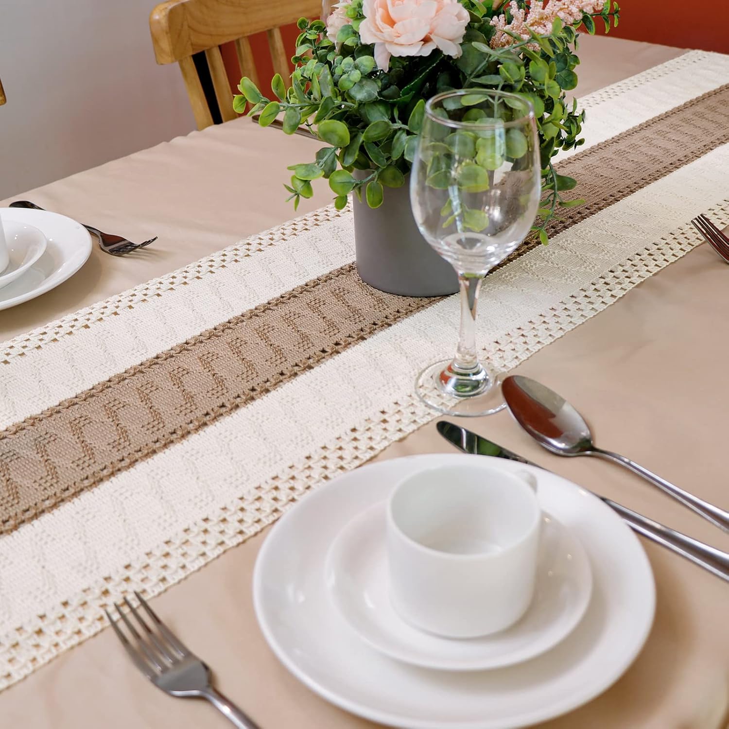 Natural Burlap Boho Table Runner 72" x 12" Macrame Table Runner Farmhouse Style Modern Farmhouse Decor Rustic Woven Cotton Fabric
