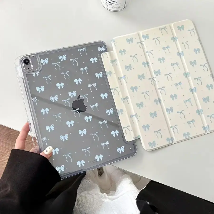 Mini Bow Motif Tri-Fold Flip Cover iPad Series Protective Case, TPU Computer Tablet Cover with Automatic Sleep/Wake Function