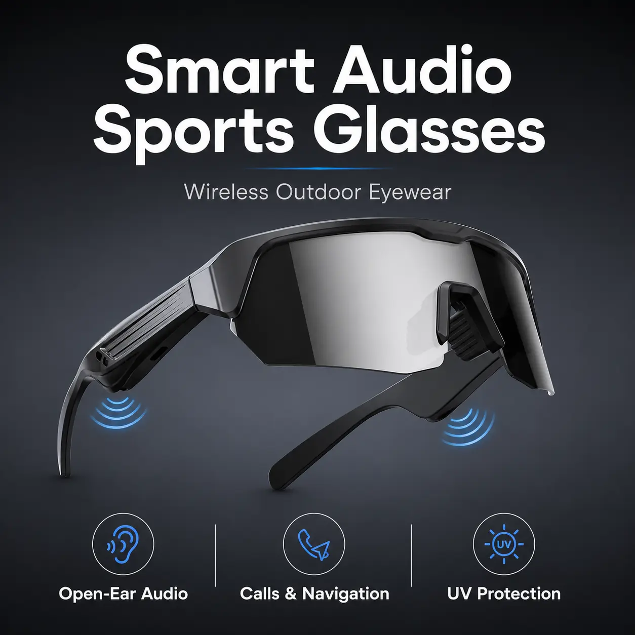 Bluetooth Smart Sports Glasses with Open-Ear Audio, Hands-Free Calling and Navigation, UV Protection Wireless Sunglasses for Cycling, Running, Travel and Everyday Outdoor Use