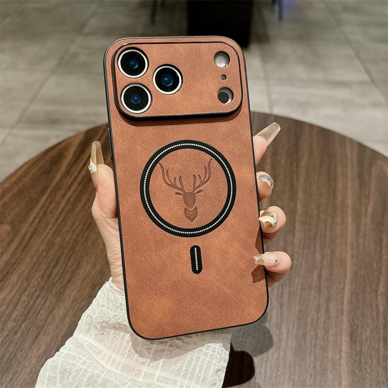 OREKROY Elk Deer Design PU Leather Phone Case For iPhone 17 16 15 14 13 12 Pro Max Shockproof Magnetic Bumper Case Compatible with Mag Safe Wireless Charging Anti-Scratch Camera Protection