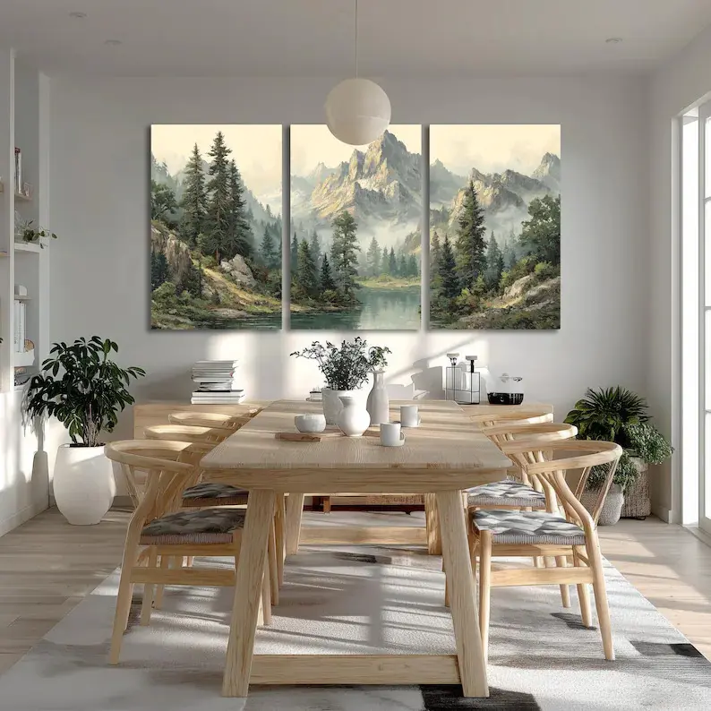 Vintage Mountain Landscape Canvas Print, 3 Piece Panoramic Triptych Wall Art, Large Pine Forest and Lake Painting Living Room Decor Trw131