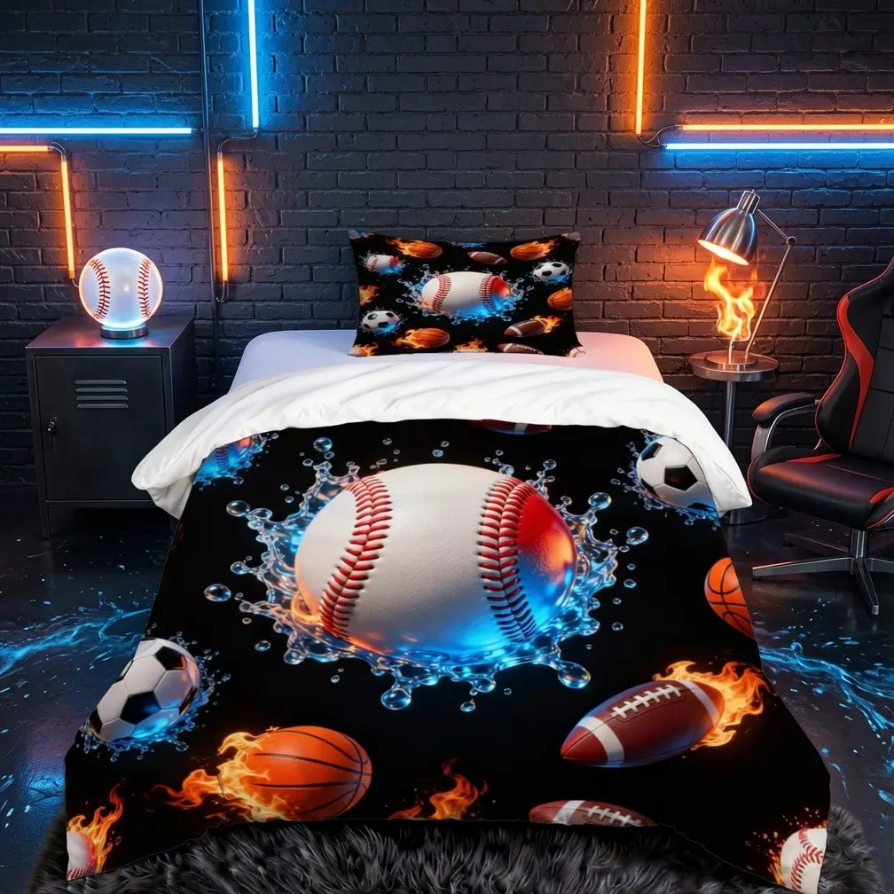 2/3 Pieces Sports Balls Fire & Water Splash Print Duvet Cover Set, Cool Trendy Black Smooth Double-Sided Digital Printing, No Comforter & Pillow Inserts, Bedding Kit for Sports Fan Boys, Perfect Gift for Bedroom