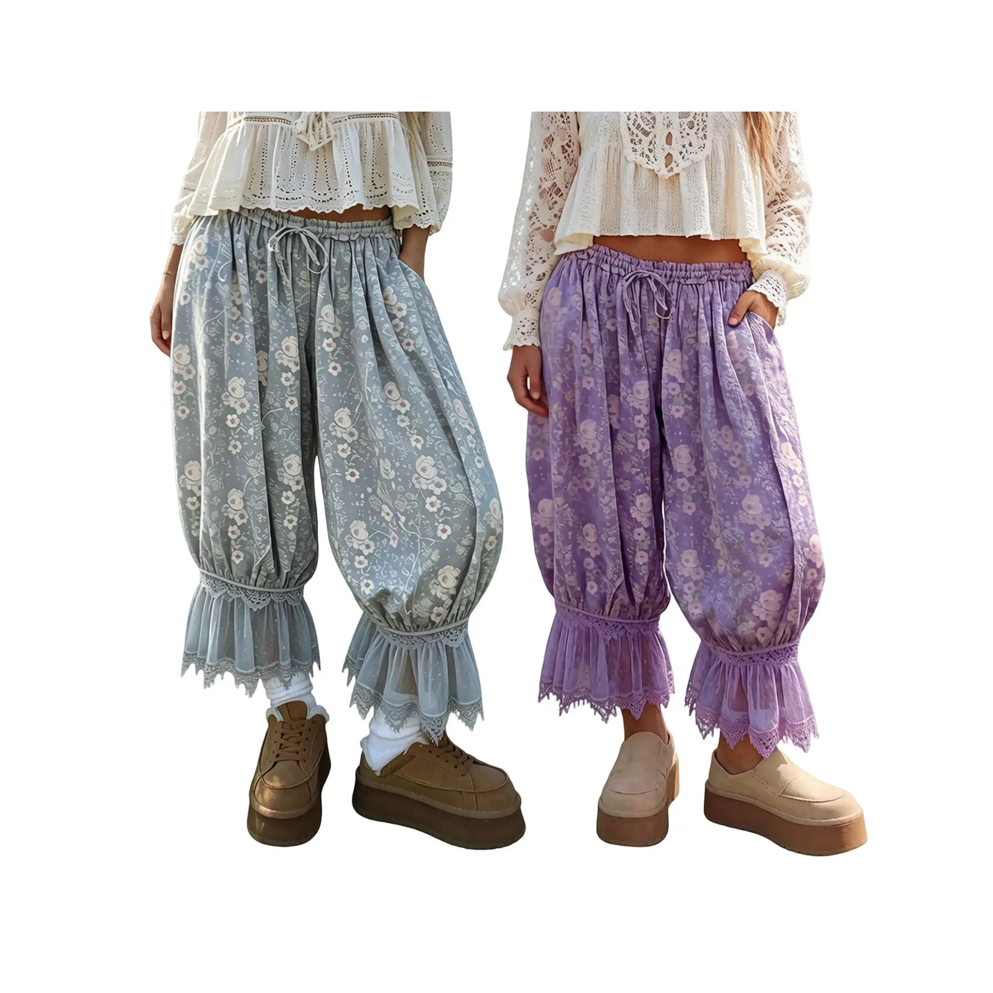 Women Floral Bloomers with Lace Trim Elastic Waist Drawstring Ankle Length Lantern Pants for Summer Spring