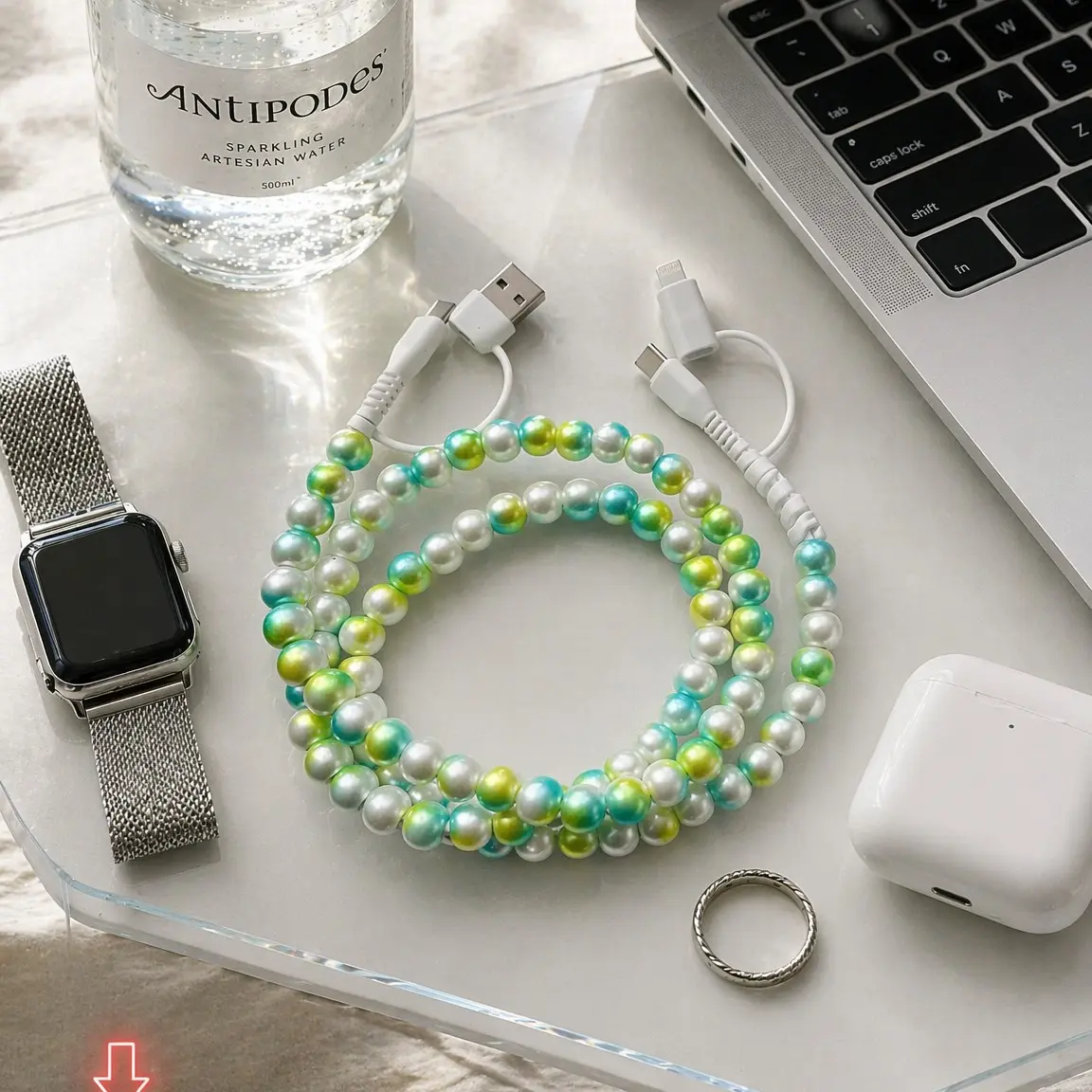 Colorful Pearl Charging Cable Beaded Charging Cords Beaded Cables Fast Charge for All USB C and Lightning Devices 4 in 1 Cable 33ft Perfect Holiday Gift for Women Multiple Colors