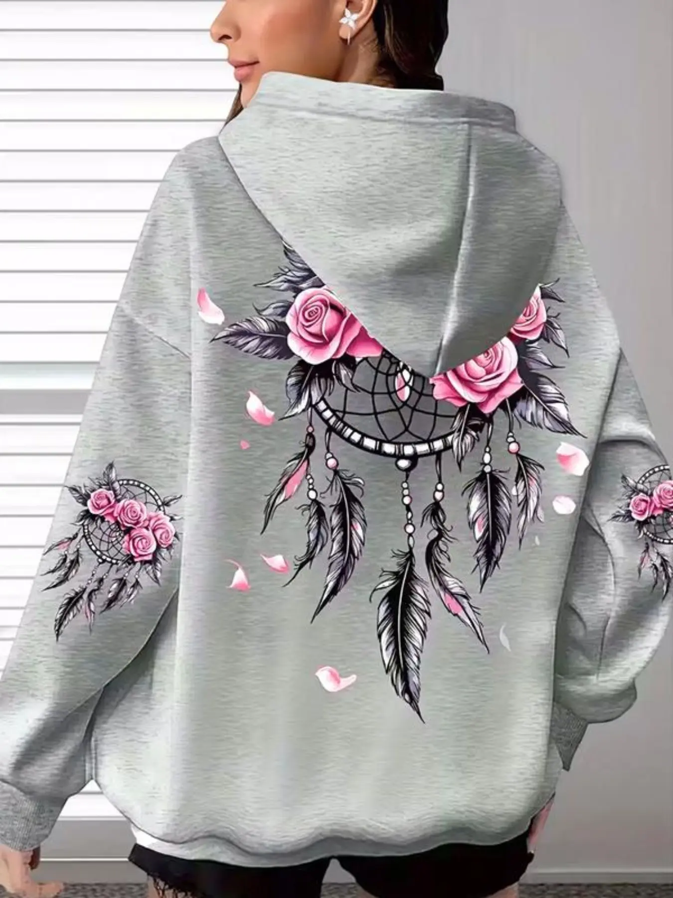 Women's Boho Hoodie with Rose Feather Print, Long Sleeve Drawstring Sweatshirt, Soft Warm Fabric, Casual Streetwear for Daily Wear
