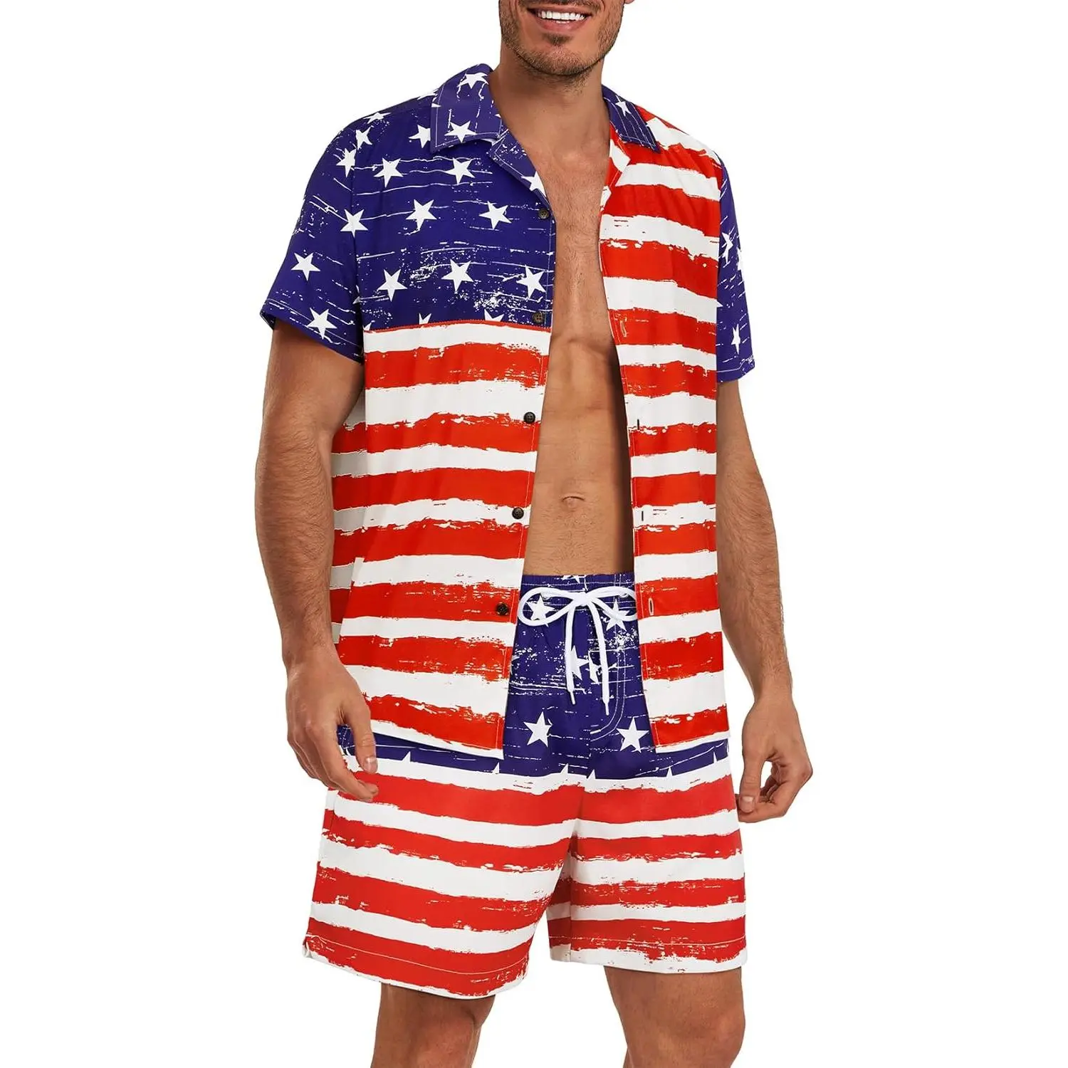 Century Star American Flag Suit for Men Hawaiian Beach Outfits Short Sleeve Summer Vacation Hawaii Shirt & Swim Trunks Set