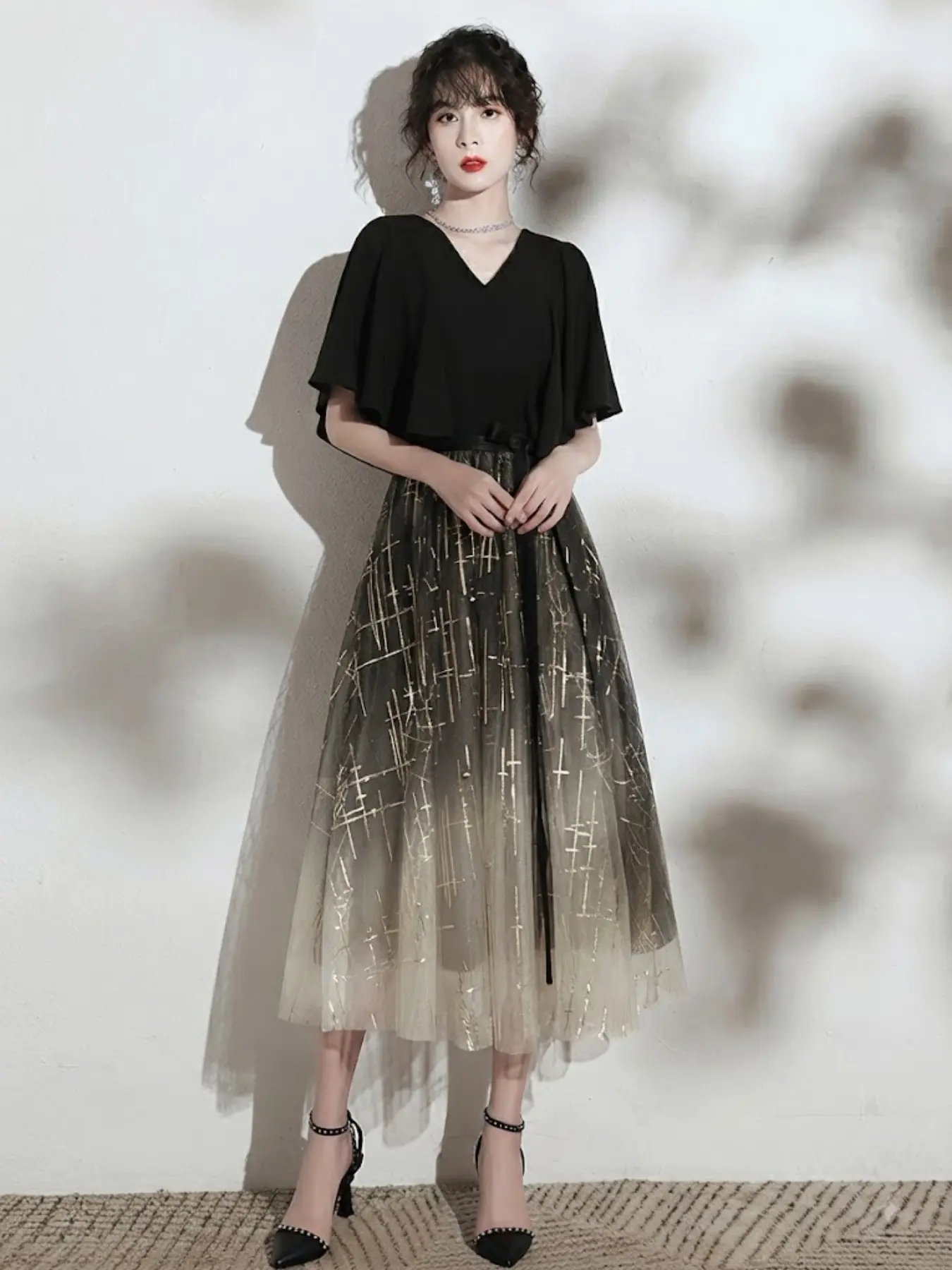 Elegant Evening Gown 2026 New Fall V-Neck Dress, French Style Petite Party Dress, Casual All over Print Unlined