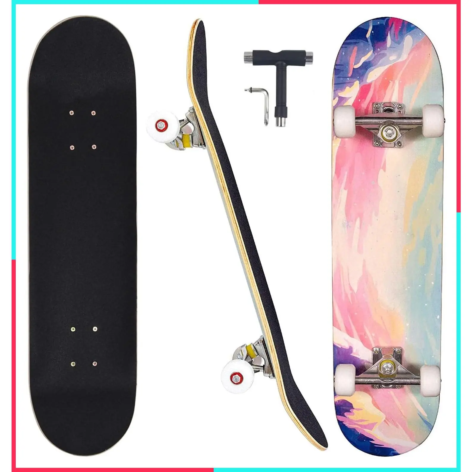 31 Inch Pro Complete Skateboard for Beginners Adults Youths Teens Kids Girls Boys 7 Layer Canadian Maple Double Kick Concave Longboard