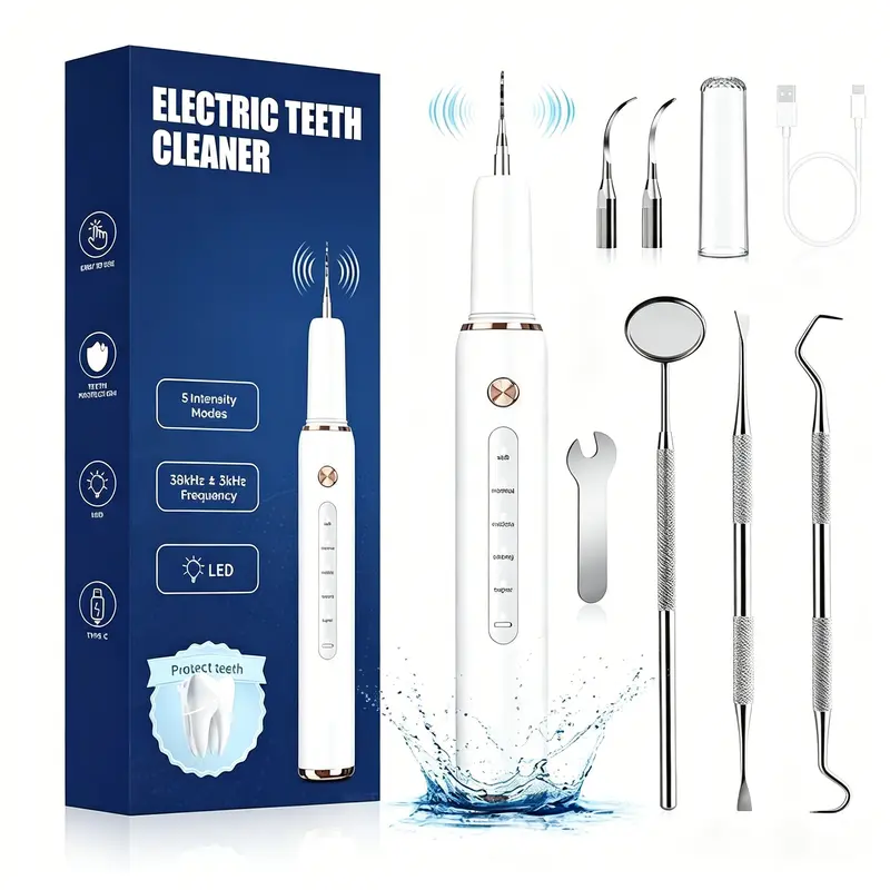 Portable Electric Tooth Cleaner, LED Light, 5 Modes, Rechargeable, Includes 3 Tools, 2 Replaceable Heads, Christmas Gift