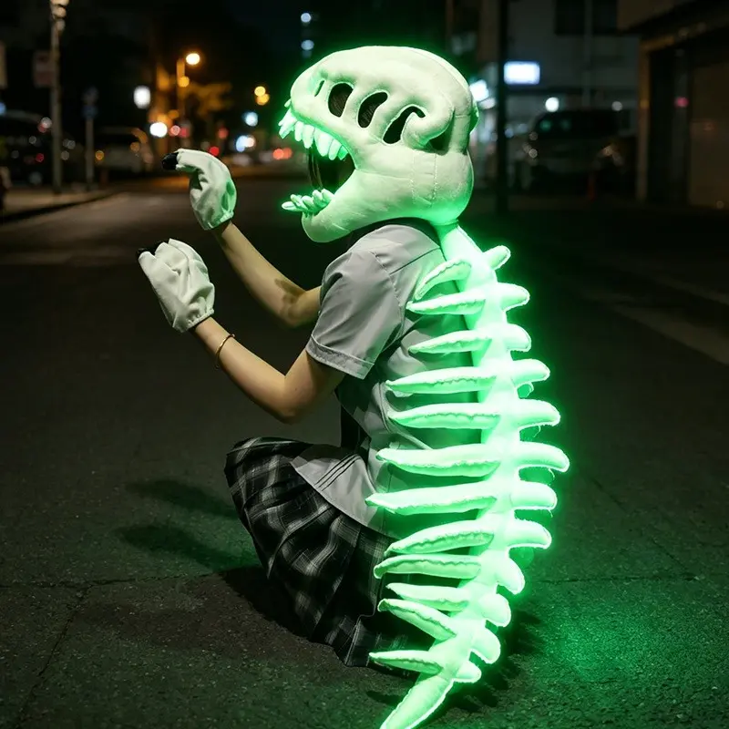 Halloween Night Glowing Fluorescent Dinosaur Skeleton Costume Headpiece, Dinosaur Mask, Fun Role-Play Plush Toy, Creative Prank Gift for Kids, Family, Friends, Party Accessory, Cool Mask