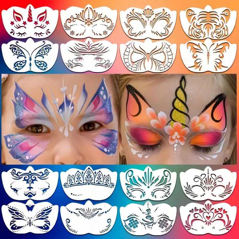 16 reusable butterfly painting templates, flexible and washable plastic templates, suitable for DIY crafts, party decorations, face and body painting, featuring carefully designed arrow, butterfly, and floral patterns.