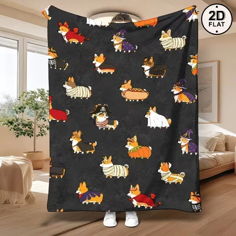 Halloween Corgi Costume Flannel Blanket, Cute Cartoon Puppy Print, Soft Lightweight All-Season Cover, Sofa Bedroom Office Camping Decor