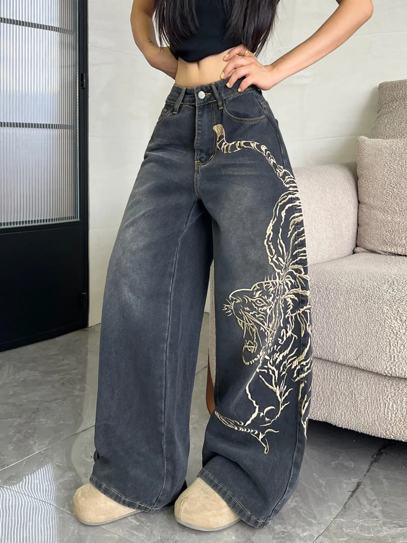 Women's High Waist Wide Leg Jeans, New Chinese Style Tiger Embroidery, Side Stitching, Street Fashion, Slimming Straight Pants