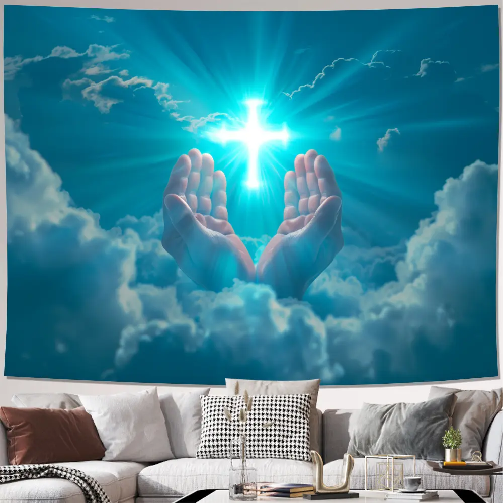 1pc 2D Shiny Cross with Praying Hands Background Cloth, Polyester Religious Wall Hanging Tapestry for Living Room Bedroom Office Party Decoration, Install Kit Included