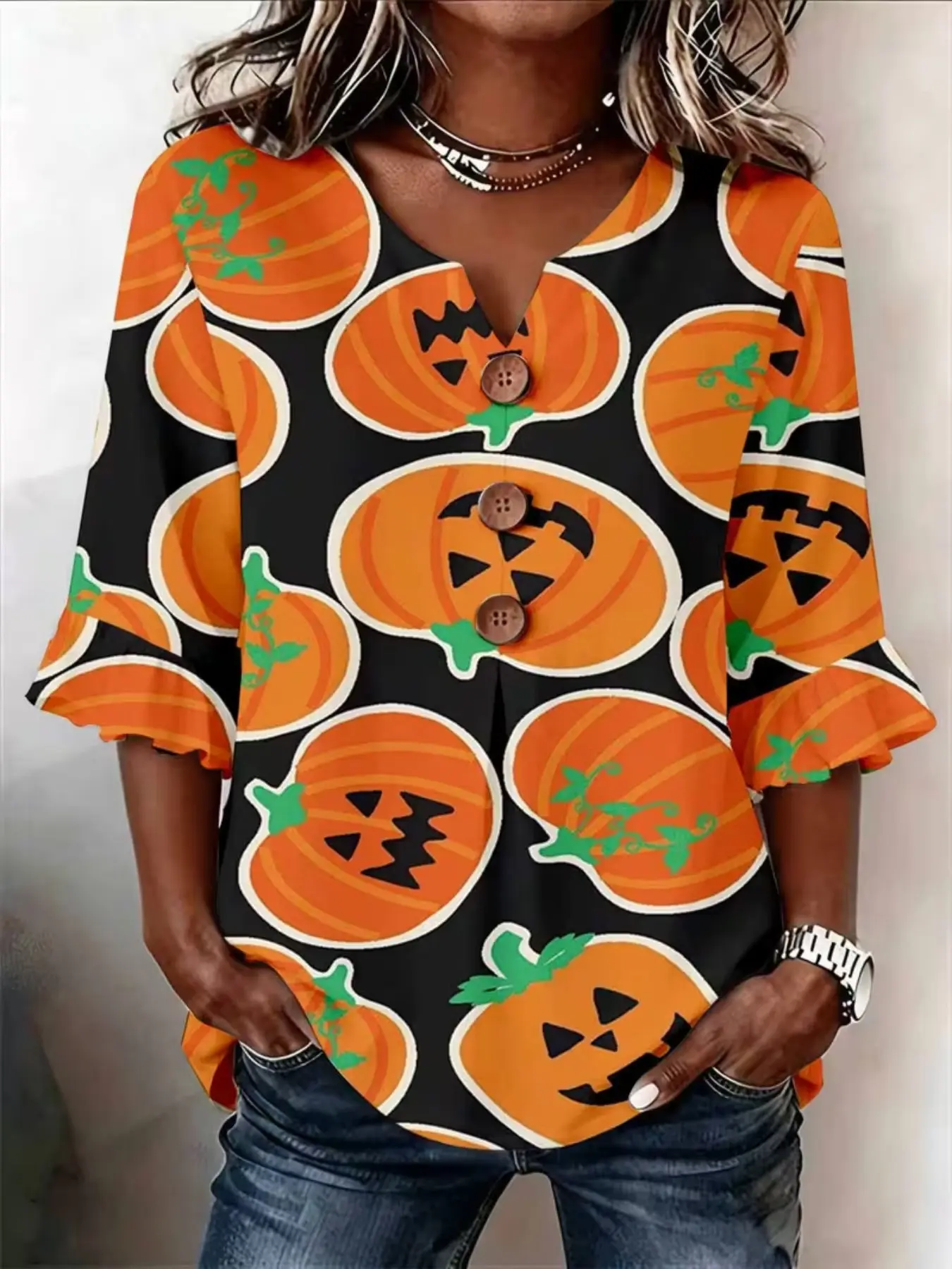 Women Notch V‑Neck 3/4 Ruffle Sleeve Blouse Sublimation All‑Over Print Top Halloween Jack‑O‑Lantern Pumpkin Vine Leaf Cartoon Pattern Button Decor Loose Casual Shirt for Halloween Party Fall Harvest Holiday Daily Wear