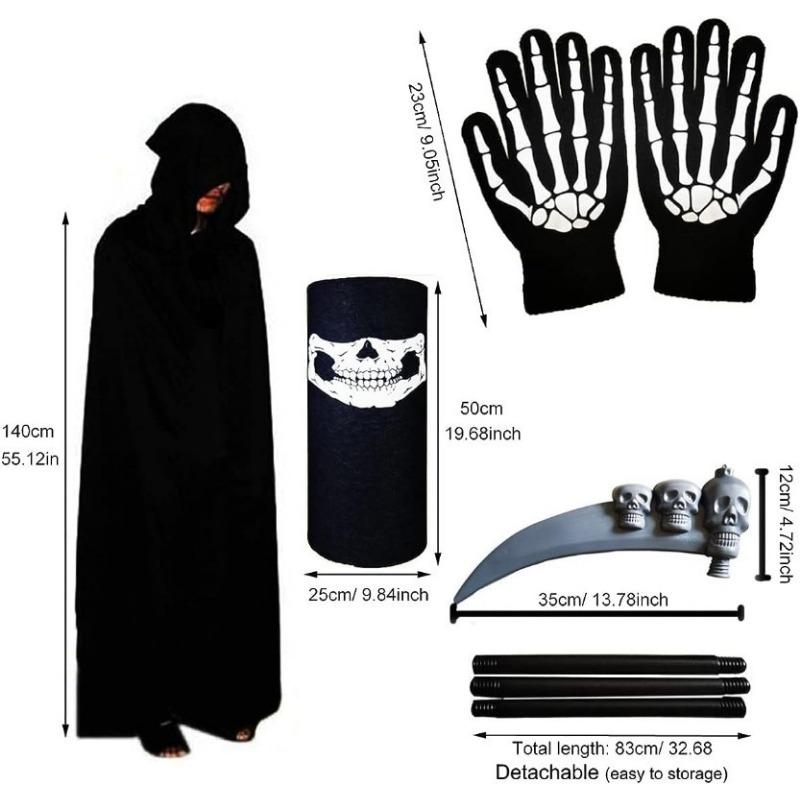 Halloween Grim Reaper Cape Set, 1 Set Including Cape & Gloves & Scepter & Hood, Cosplay Costume Accessories for Halloween Party