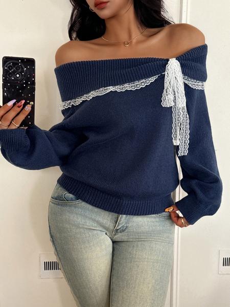 Women's off Shoulder Lace Bow Long Sleeve Pullover Sweater, Cute Knit Top for Fall & Winter, Casual Fashion for Ladies, Women Fall Outfit, Cute Winter Sweater for Women, Autumn Knitwear Women's off Shoulder Lace Bow Long Sleeve Pullover Sweater, Cute Knit Top for Fall & Winter, Casual Fashion for Ladies, Women Fall Outfit, Cute Winter Sweater for Women, Autumn Knitwear