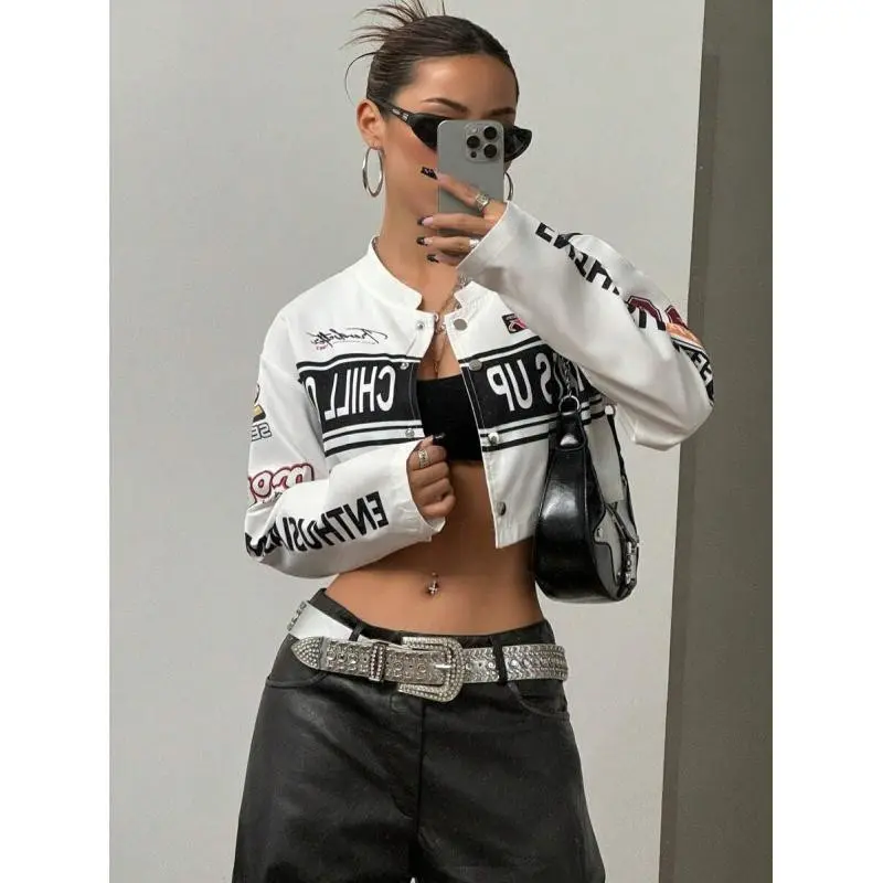 Women's Streetwear Motorcycle Cropped Jacket,Ladies Spring/Fall Casual Button Front Drop Shoulder Stand Collar Loose White Colorblock,Letter Women Lightweight Jackets,Casual Daily Wear