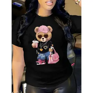 [100% Cotton] Women's Casual Cartoon Bear Graphic Short Sleeve Round Neck T-Shirt - Black, All-Season Stylish Accessories Design, Comfortable Fit, Golf Gift Top For Women, Shortsleeve