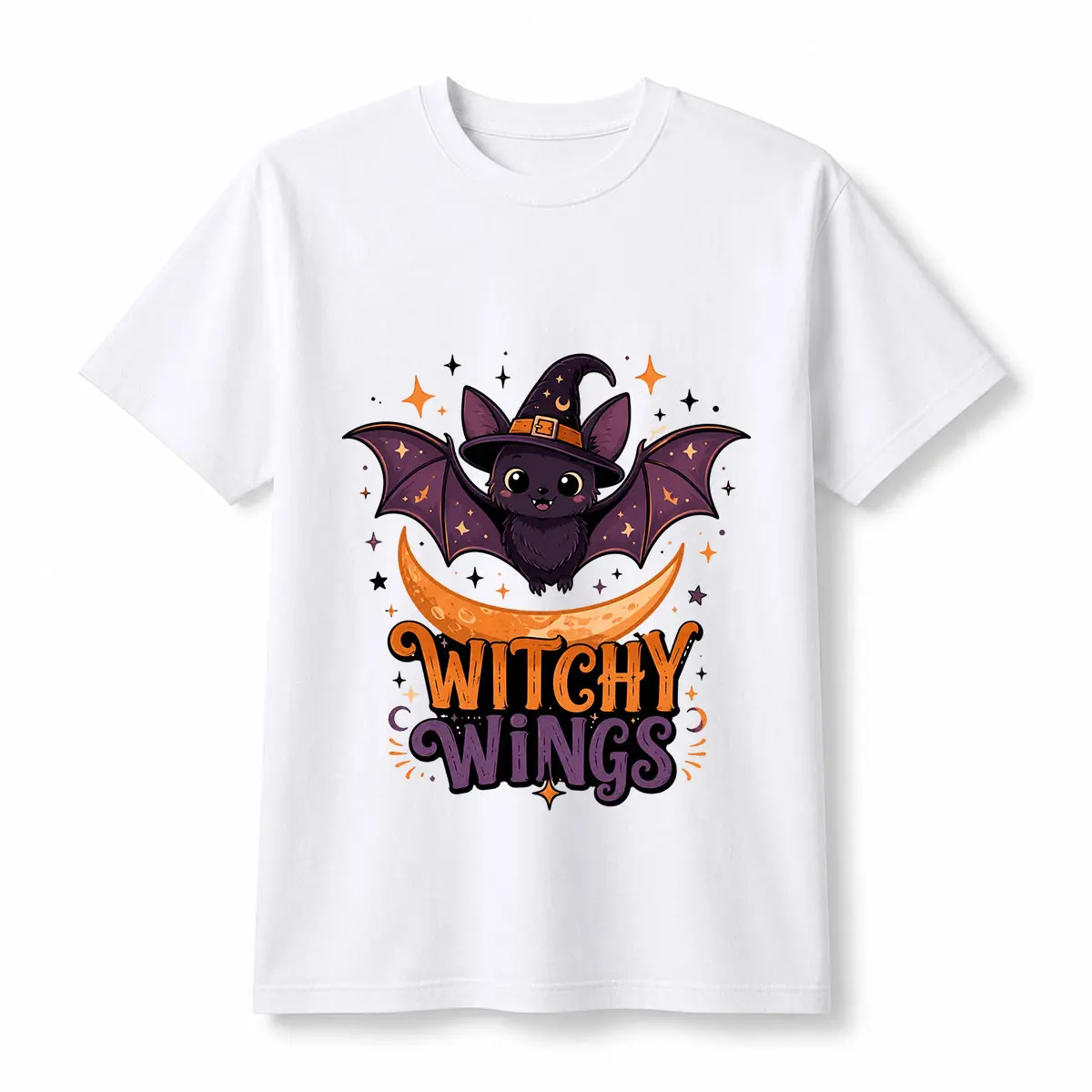 Unisex Graphic T-Shirt with Witchy Wings Bat Cat, Casual Cotton Printed Halloween Shortsleeve Tops, Style