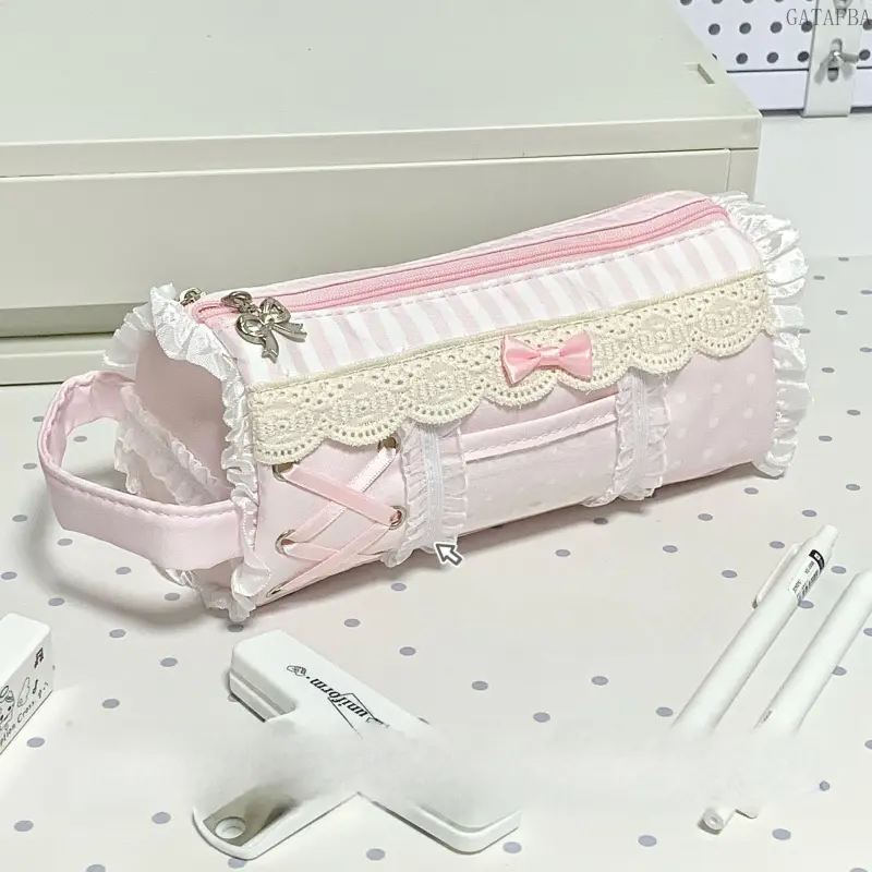 New Pink Lace Trim Pencil Case, Ins High Appearance Waterproof Large Capacity Stationery & Cosmetic Pouch for Students