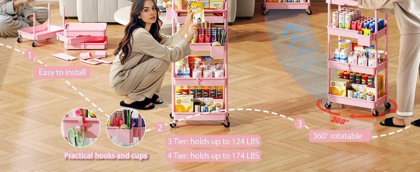 VANCASTLE 3/4 Tier Rolling Utility Cart Organizer with Removable Drawer - Sturdy Rolling Storage Cart with 2 Lockable Wheels for Bathroom, Kitchen, Snack, Craft, Makeup, and Baby Essentials White Racks bathroom organizer garage accessories