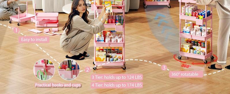 VANCASTLE 3/4 Tier Rolling Utility Cart Organizer with Removable Drawer - Sturdy Rolling Storage Cart with 2 Lockable Wheels for Bathroom, Kitchen, Snack, Craft, Makeup, and Baby Essentials White Racks bathroom organizer garage accessories