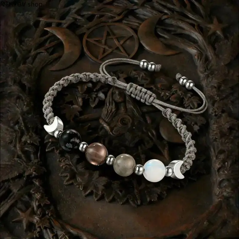 Witchy Dark Gradient Natural Crystal Beaded Bracelet, Mixed Obsidian Smoky Quartz Labradorite Moonstone Soft Cord Jewelry, Spiritual Healing Accessory For Emotional Balance Daily Wear And Witchy Styling