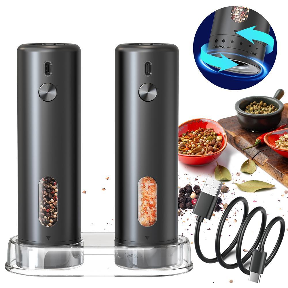 Electric Salt & Pepper Grinder Set, 1 Set Rechargeable Automatic Pepper Mill Grinder with LED Light, Modern Home Adjustable Coarseness Shakers, One-hand Operation for Kitchen