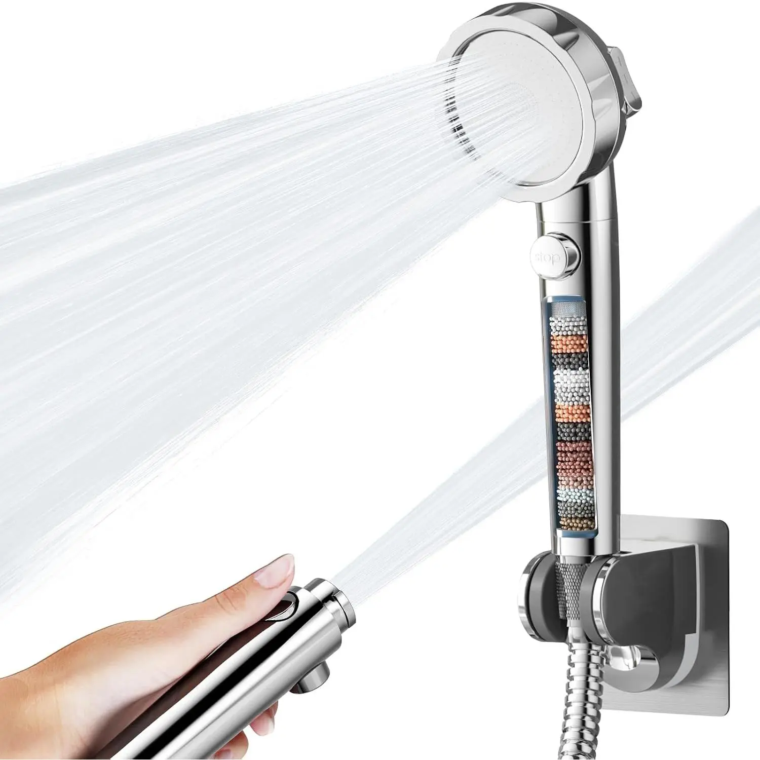 /Off Pause Camper Shower  with Filters, Detachable Shower  with Filter, High  RV Shower Heads with Hose and Self-adhesive Bracket, Shower Filtered Showerhead (Chrome)