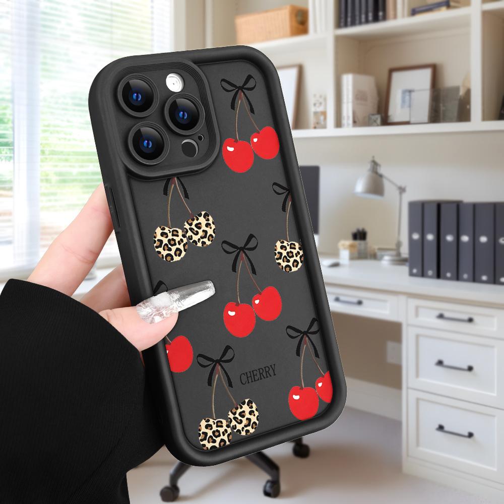 Phone Case: Creative Minimalist Cherry Pattern  Trendy Summer Fresh Anti-Drop Frosted Phone Case for iPhone 17 Pro Max 16 16e 15 14 Plus 13 12 Mini 11 Air