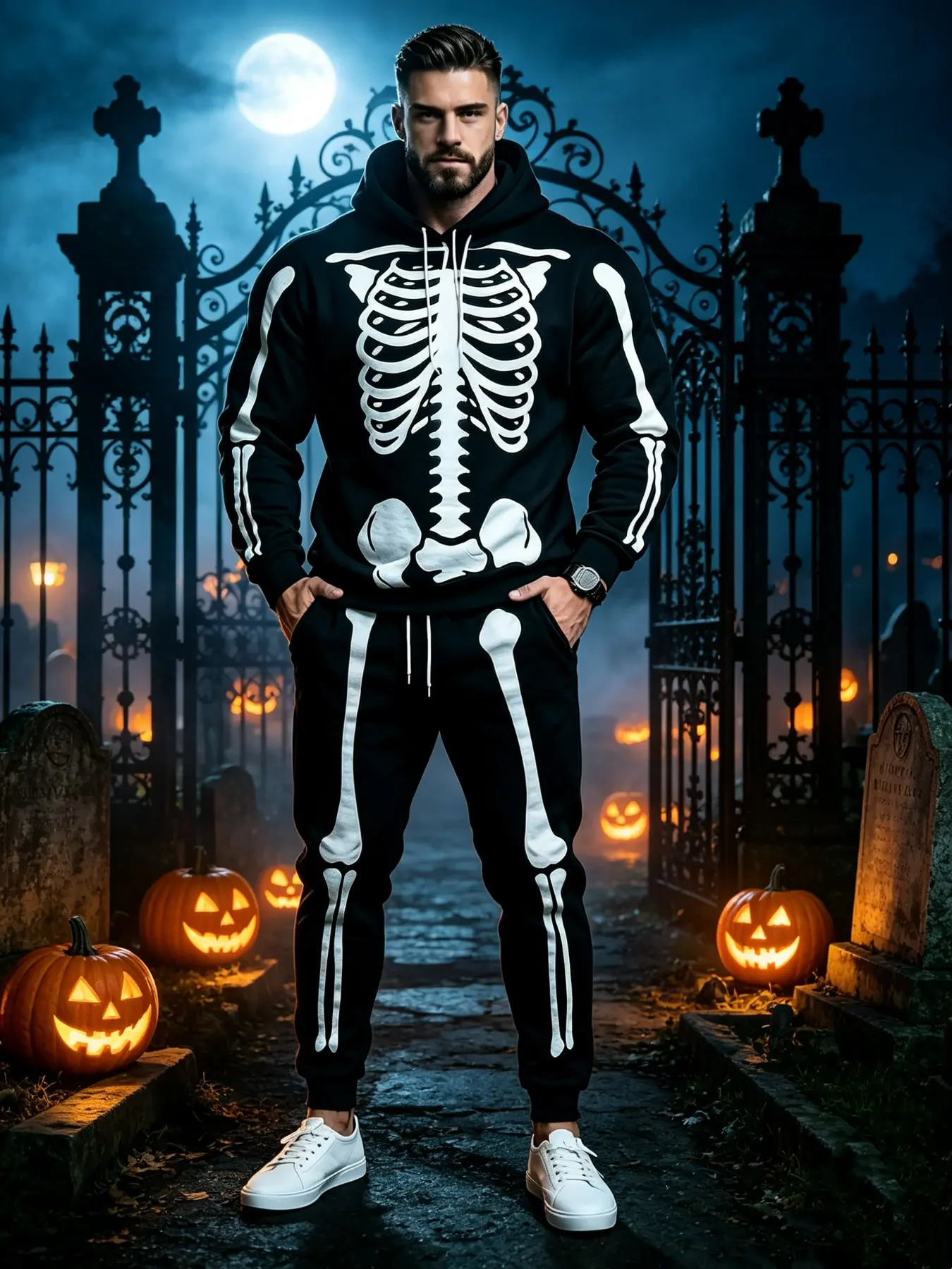 Men's Fall Winter 2-Piece Set, Halloween Skull Print Sweatshirt and Pants, Casual Long Sleeve Pullover, Gift Idea