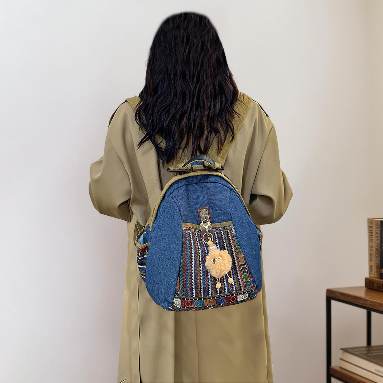 Women's Practical Denim Rucksack with Double Zipper Closure, Classic Printed Shoulder Bag with Adjustable Strap and Top Handle for Casual Daily Use and Commuting