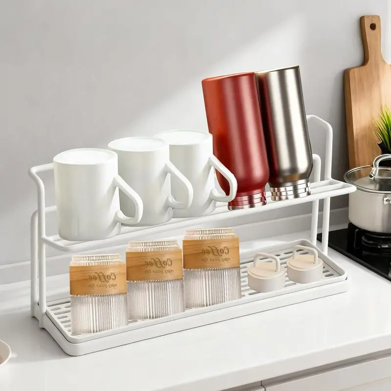 2 Tier Water Bottle Drying Rack With Drain Tray, Kitchen Cup Organizer Holder for Tumblers, Mugs, Coffee Cups and Countertop Storage