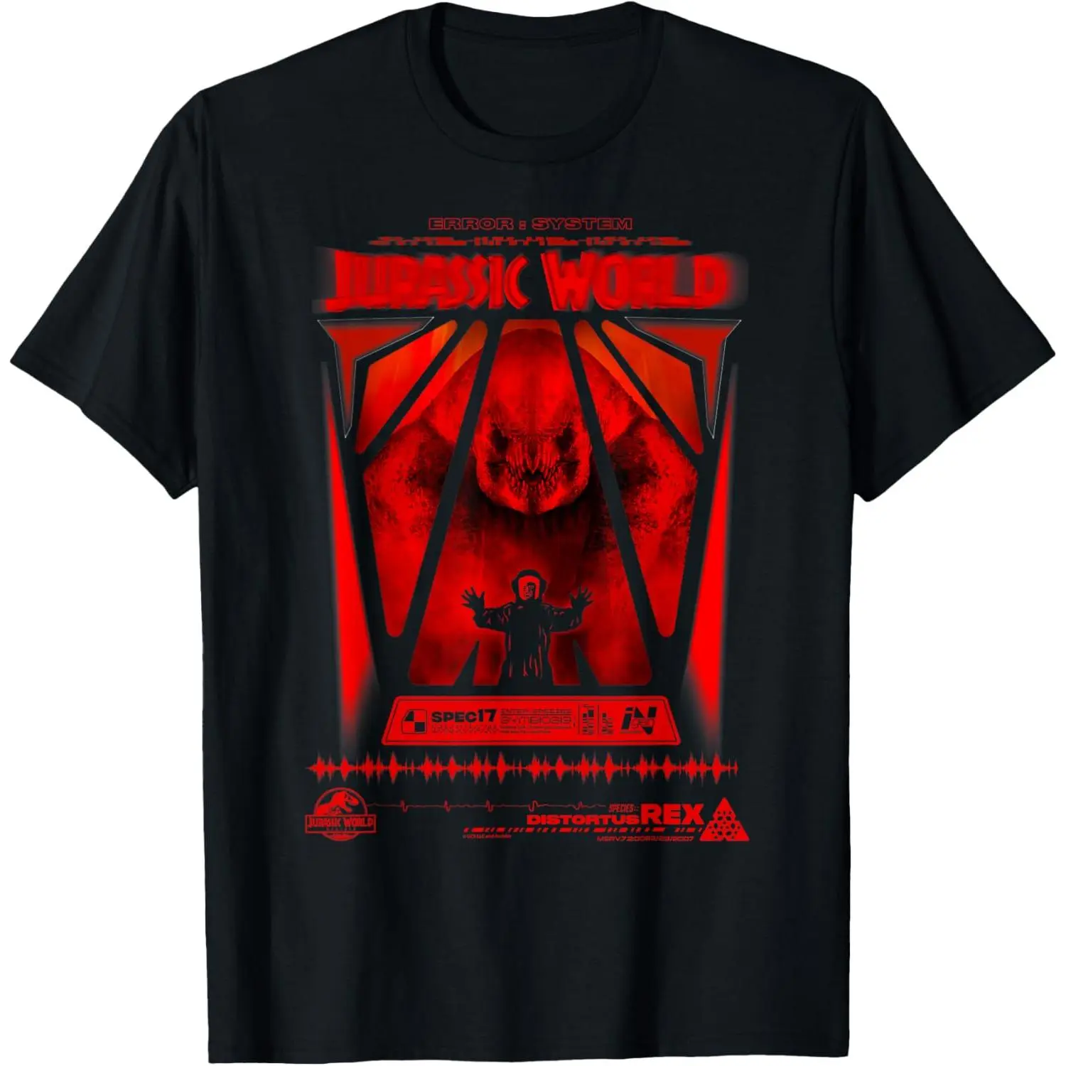 Jurassic World Distortus Rex Red Glitch ERROR System Industrial Tech Frame Mutant Giant T-Rex Waveform ECG Spec Data Movie Graphic T-Shirt Men Crew Neck Short Sleeve Black Tee Dino Fan Comic Convention Garage Dark Street Tops For Adult Men Teen Boys Guys